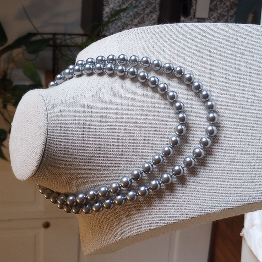 Vintage Kissaka Hand Knotted Faux Silver Gray Pearl Single Strand Necklace 28”